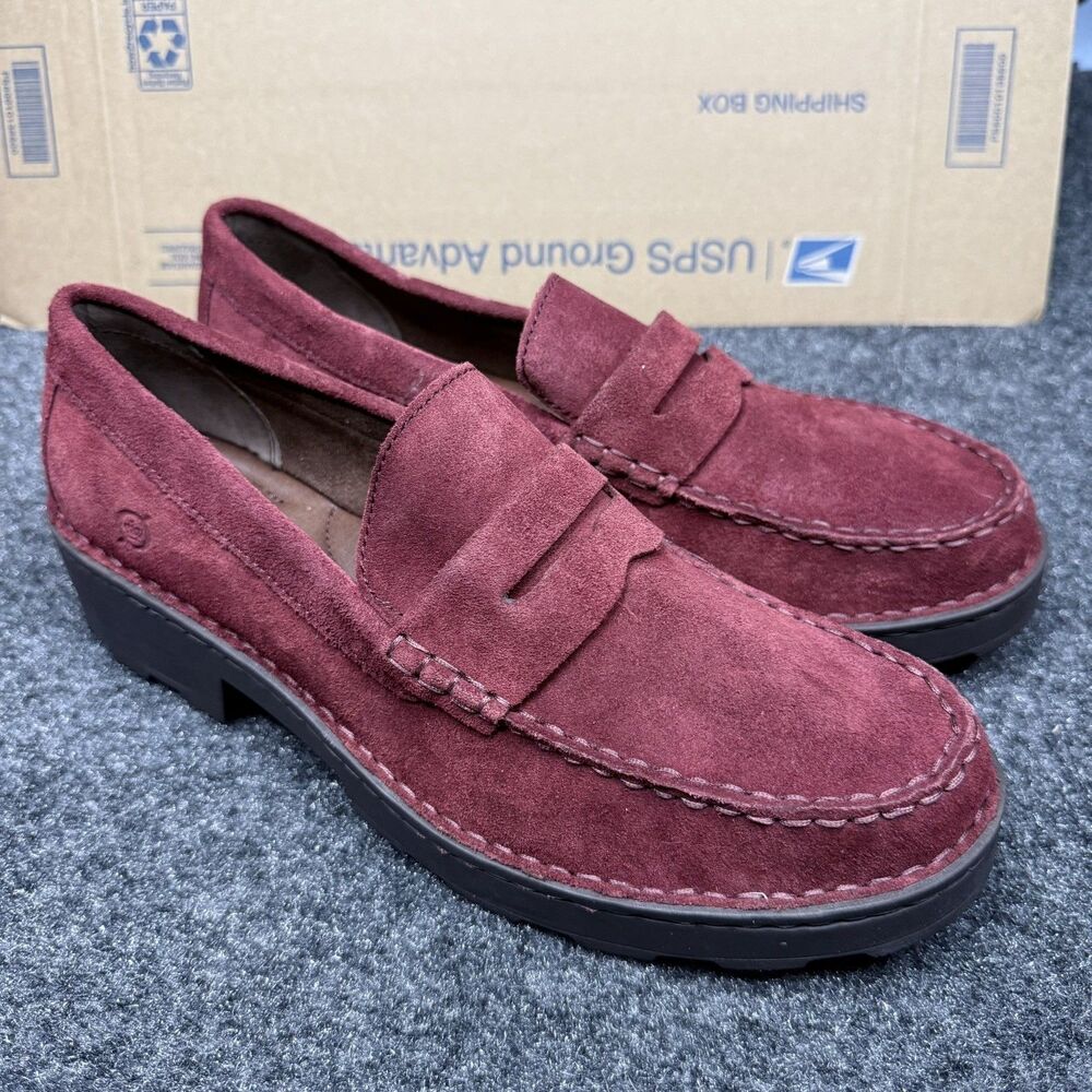 Born Women’s Carrera Burgundy Suede Penny Loafers Lugged Platform Shoes SZ 11